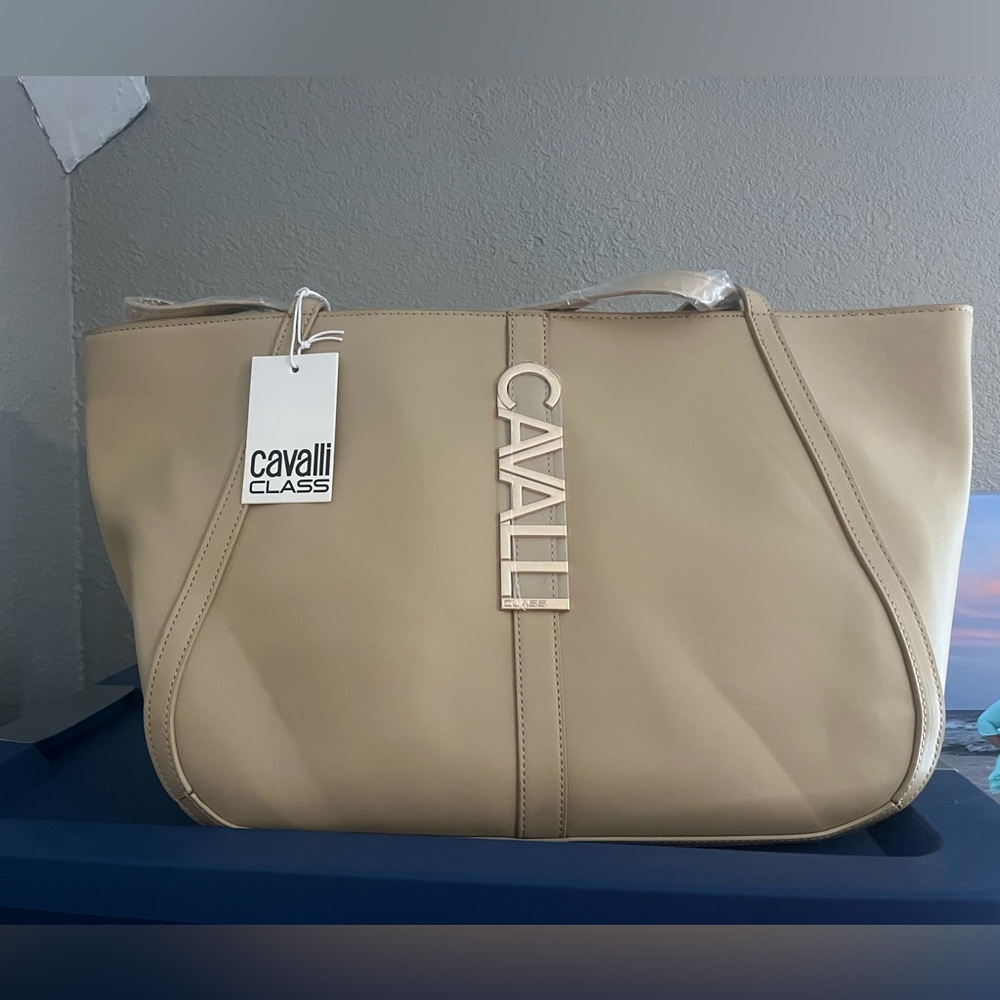 Cavalli Class Beige Leather Tote with Gold Logo